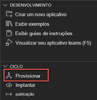 Captura de ecrã que realça a opção aprovisionar na cloud na secção de implementação.