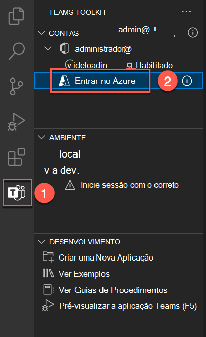 Captura de ecrã do painel Teams Toolkit com o botão para iniciar sessão no Azure.