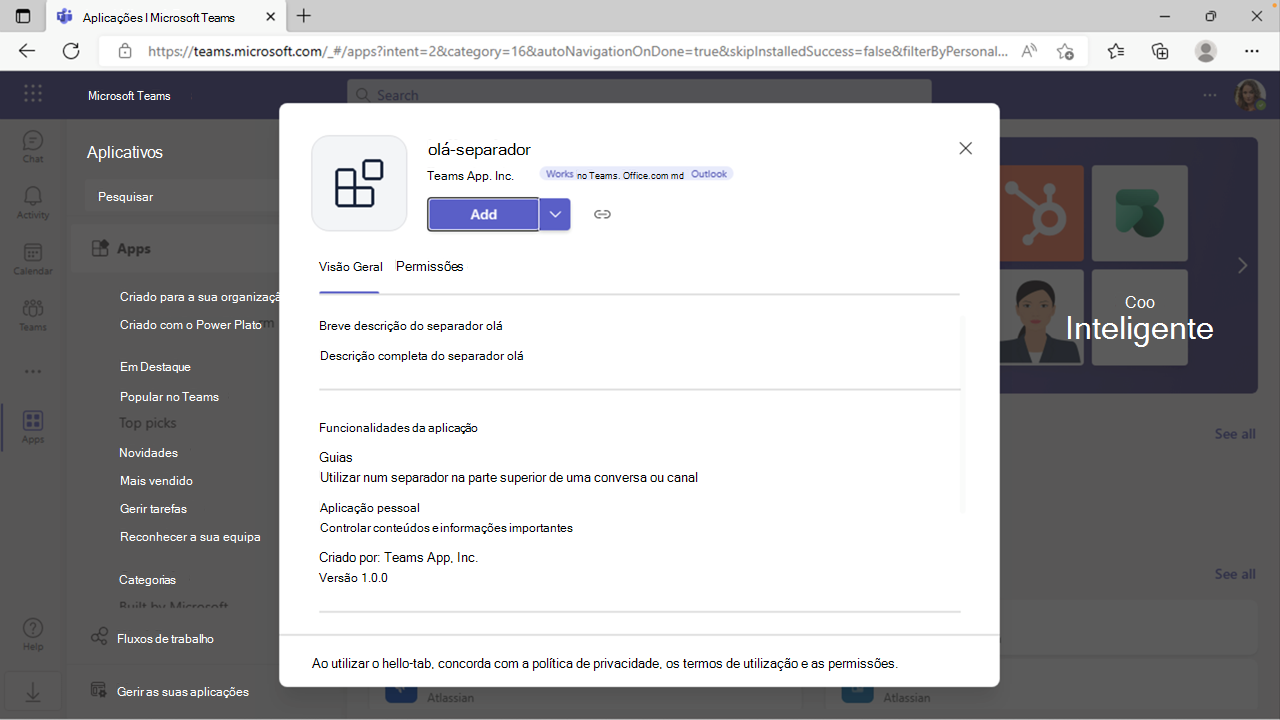 Captura de ecrã que mostra a adição de uma aplicação no Microsoft Teams.