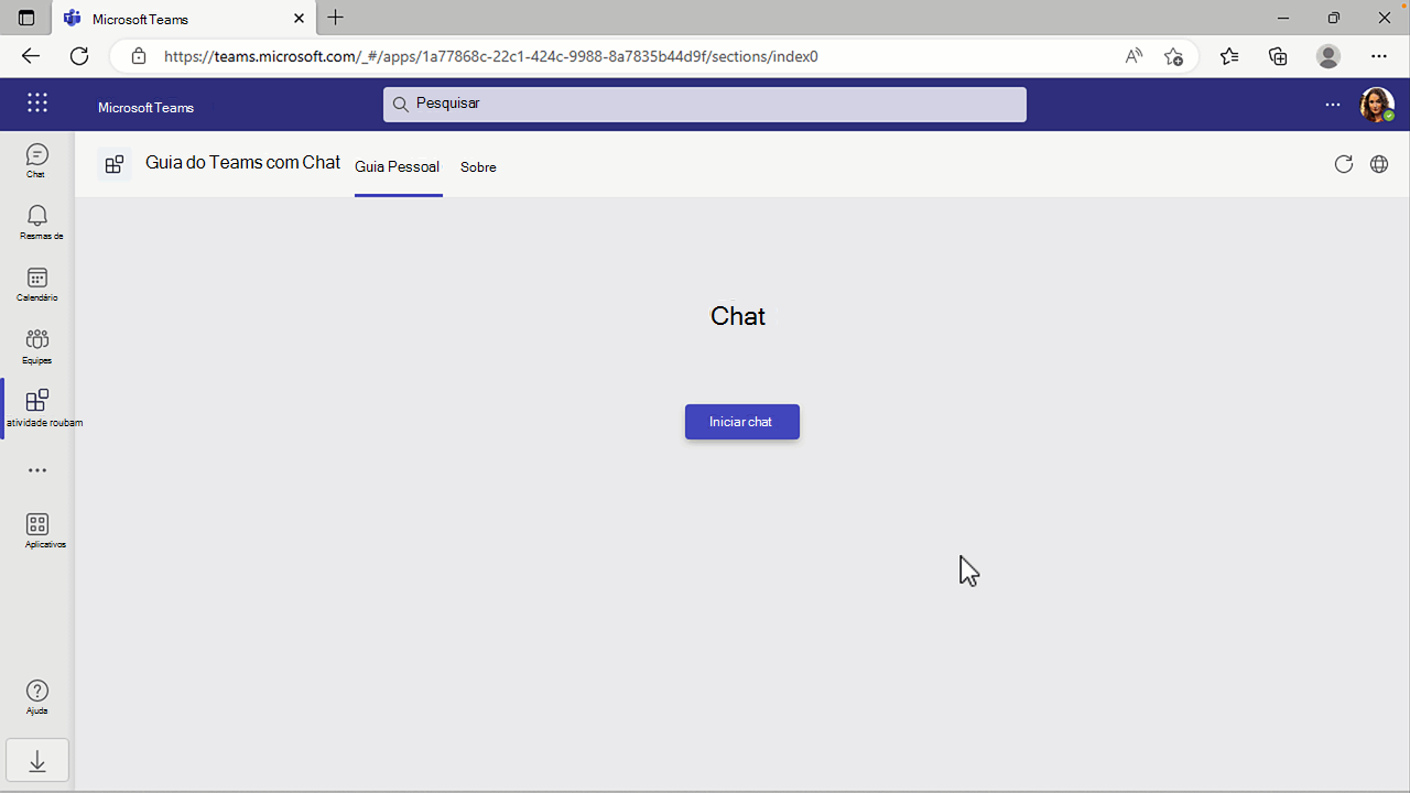 Captura de ecrã de uma aplicação de separador do Teams a mostrar um botão para iniciar o chat.