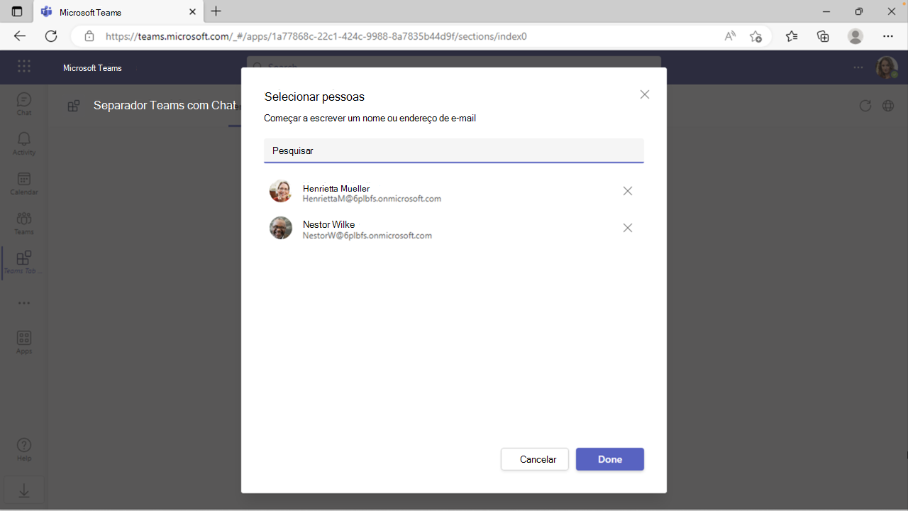 Captura de ecrã da aplicação de separador e do seletor de pessoas no Teams.
