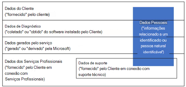 O infográfico para mostrar dados pessoais pode ser encontrado nos dados do cliente, dados de diagnóstico, dados gerados pelo serviço, dados de serviços profissionais e dados de suporte.