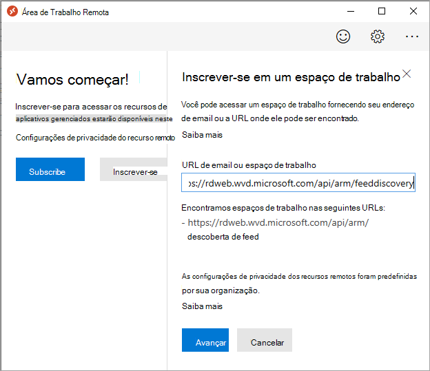 Captura de tela do formulário de inscrição no espaço de trabalho com o URL colado.