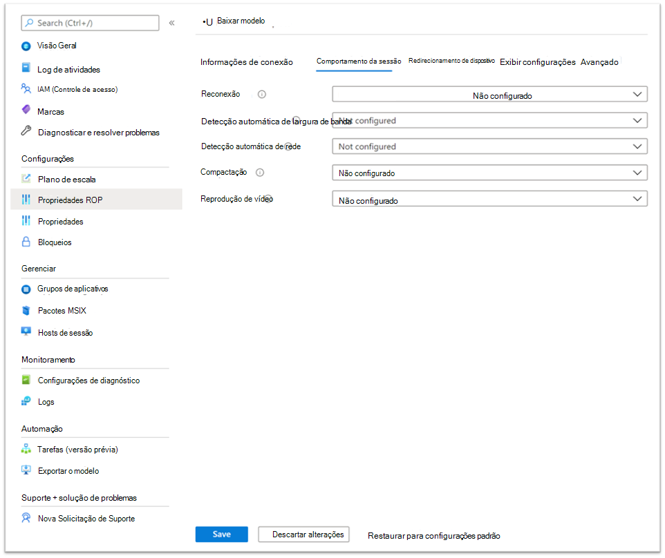 Captura de tela que exibe o campo de texto Propriedades do RDP com algumas propriedades de redirecionamento, como audiocapturemode e conjunto de audiomode.