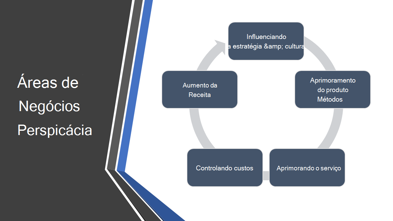 Diapositivo a mostrar as áreas de perspicácia empresarial. Tem um diagrama circular com tópicos sobre como Influenciar a Estratégia & Cultura, Métodos de Melhoramento de Produtos, Melhorar o Serviço, Controlar Custos e Aumentar Receitas.