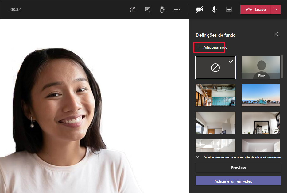 Captura de tela mostrando como adicionar uma imagem de tela de fundo por meio do Teams.