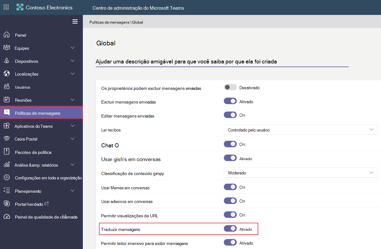 Captura de tela mostrando o Centro de Administração do Teams onde você pode habilitar a tradução de mensagens.