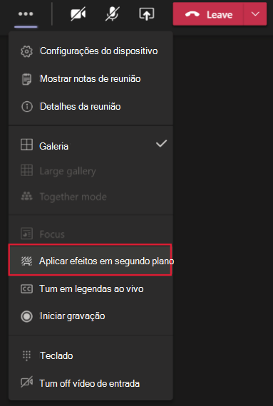 Captura de tela mostrando o menu do Teams no qual você pode aplicar efeitos de tela de fundo.