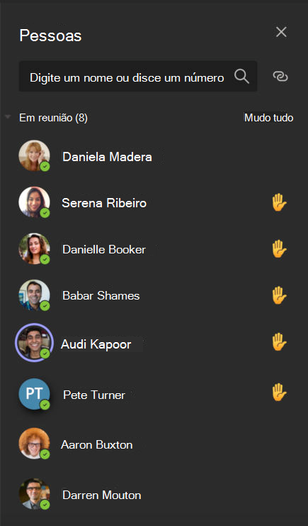 Captura de tela mostrando todos os participantes do Teams e quais estão com as mãos levantadas.