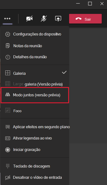 Captura de tela mostrando como habilitar o modo Juntos do Teams.