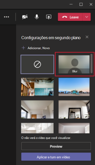 Captura de tela mostrando o menu do Teams com a tela de fundo desfocada selecionada.