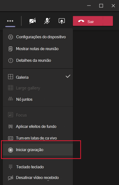 Captura de tela mostrando o menu de reunião do Microsoft Teams com iniciar gravação realçada.