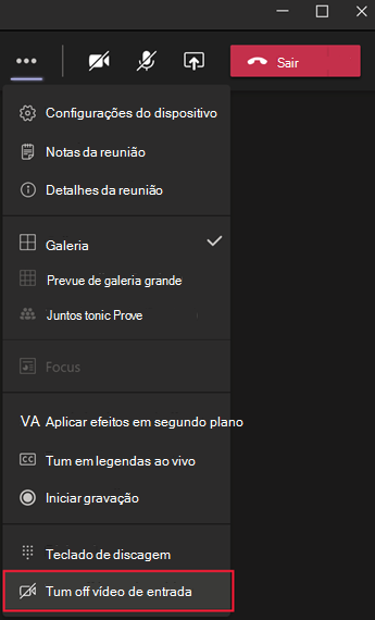 Captura de tela mostrando o menu do Teams no qual você pode desabilitar o vídeo recebido.