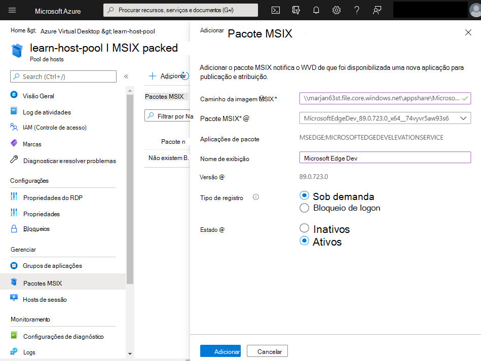 Captura de tela da adição de um pacote MS I X ao pool de hosts.