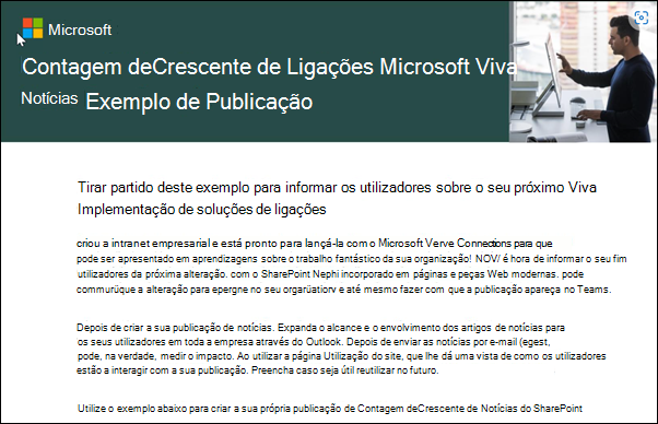 Captura de ecrã a mostrar Microsoft Viva Connections exemplo de publicação de notícias de contagem decrescente.