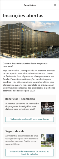 Captura de tela do cartão de abertura de registro para benefícios personalizado.