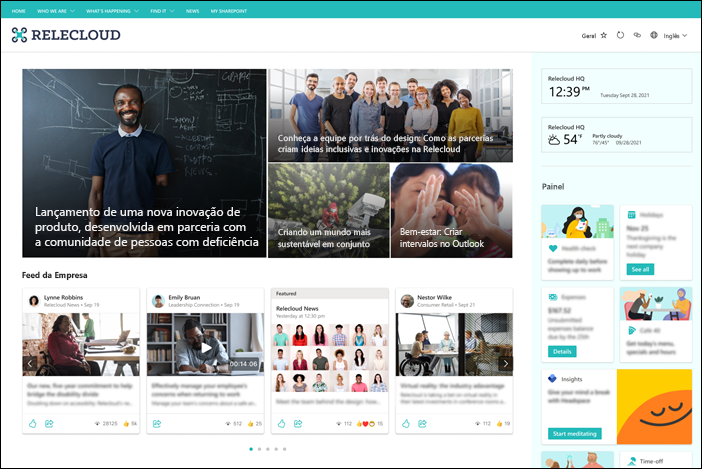 Captura de tela de um site inicial do Sharepoint da organização imaginária RELECLOUD.