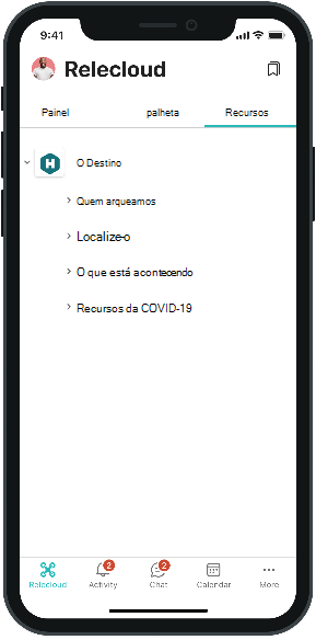 Captura de ecrã do separador Recursos do Viva Connections num telemóvel.