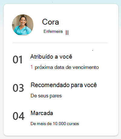 Captura de ecrã a mostrar o resumo rápido da aprendizagem da Cora.