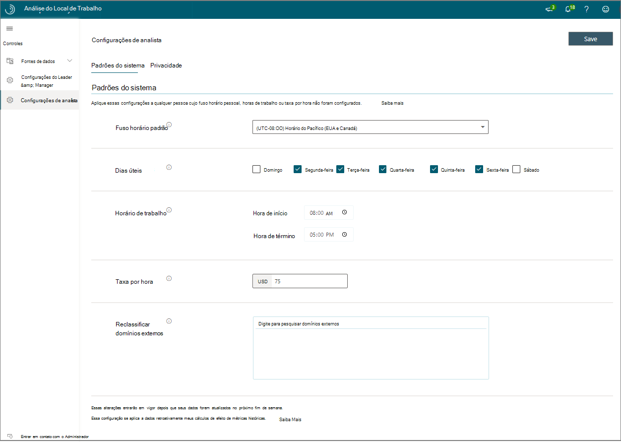 Uma captura de tela dos padrões do sistema do Workplace Analytics.