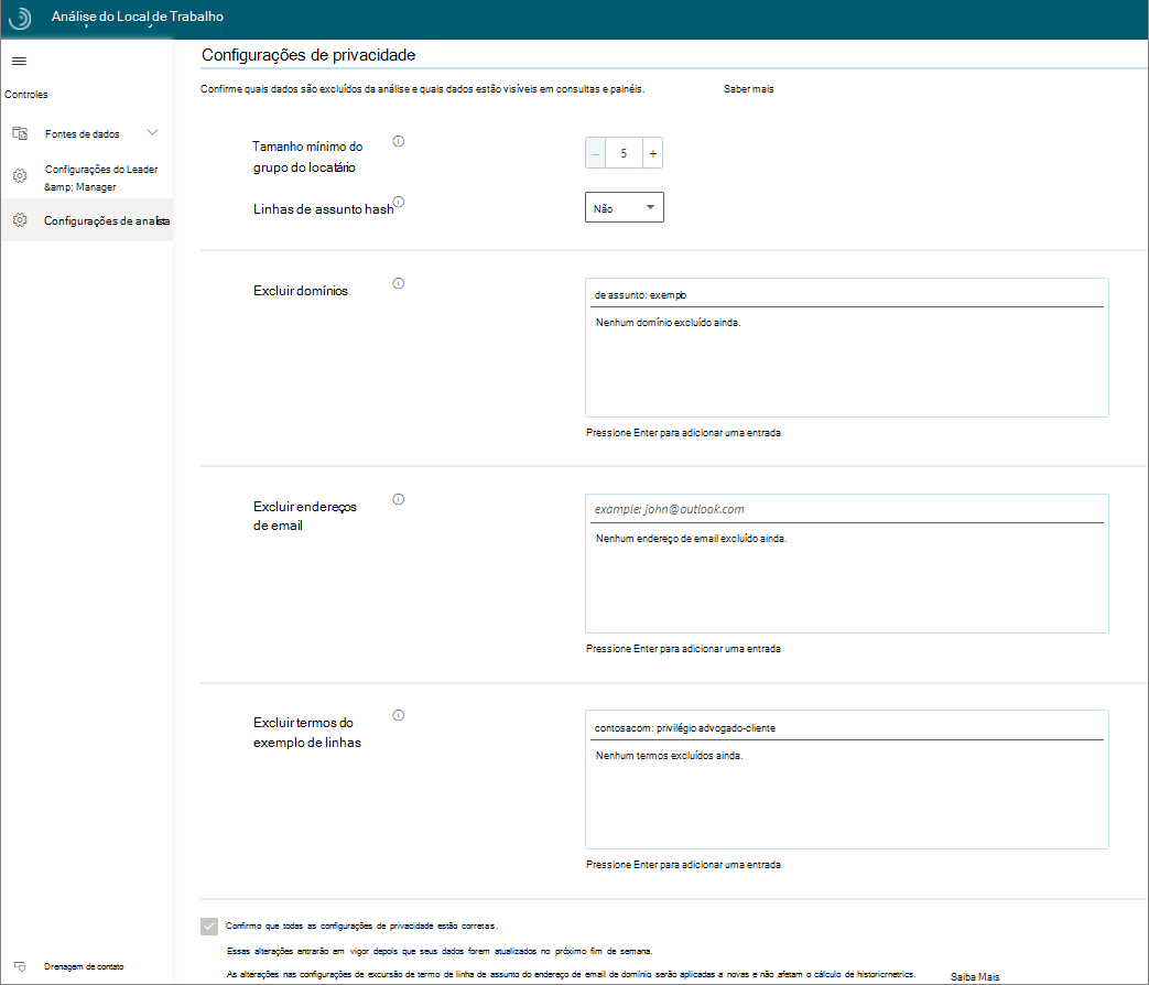 Uma captura de tela das configurações de privacidade do Workplace Analytics.