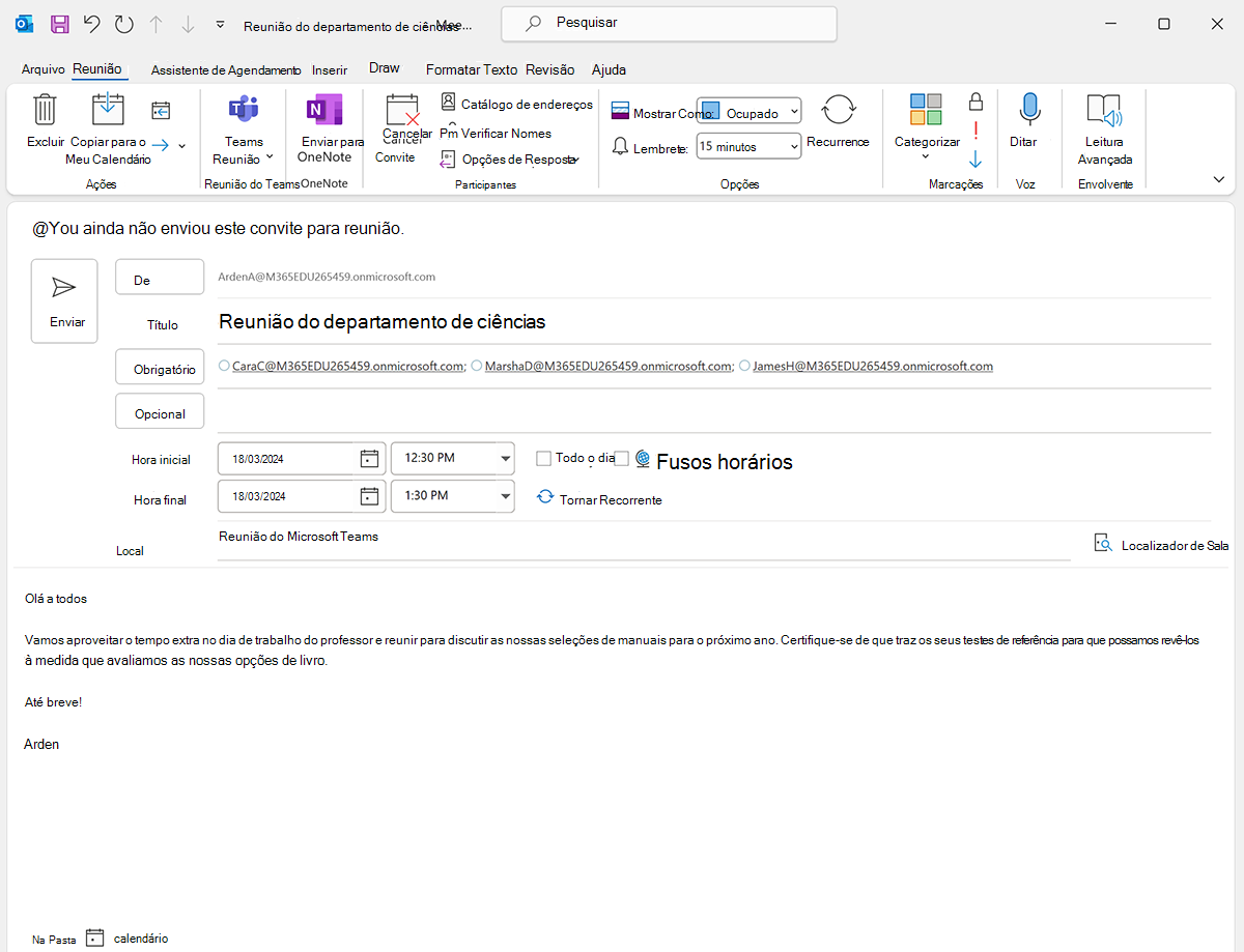 Captura de ecrã do agendador de reuniões do Teams no Microsoft Outlook.