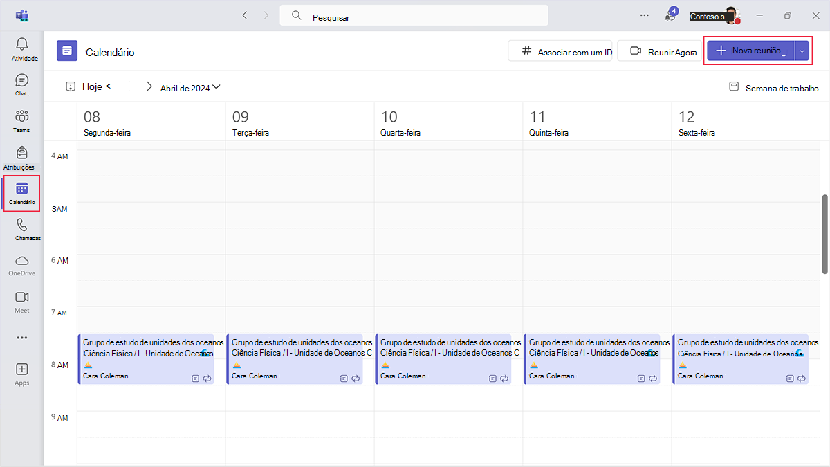 Captura de ecrã a mostrar a aplicação Calendário no espaço Eu e o botão Nova reunião.