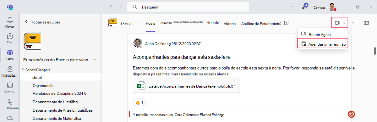 Captura de ecrã a mostrar como agendar uma reunião a partir do canal de uma equipa no Microsoft Teams.