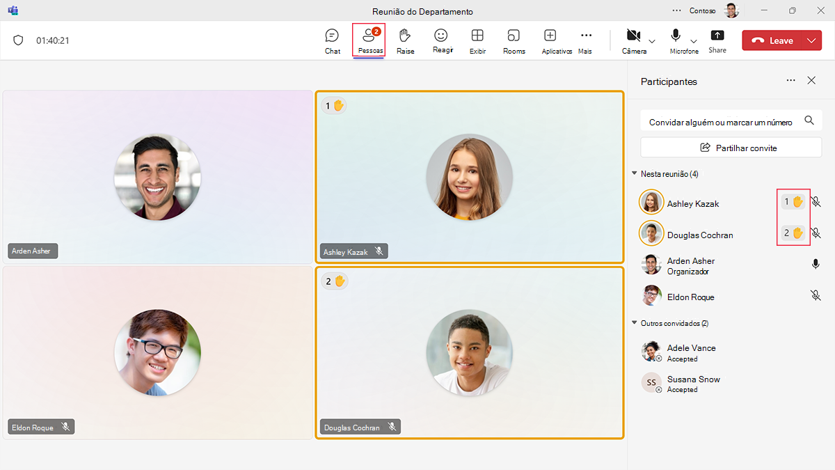 Captura de ecrã do painel Pessoas numa reunião do Teams a mostrar a ordem pela qual os participantes levantaram as mãos.