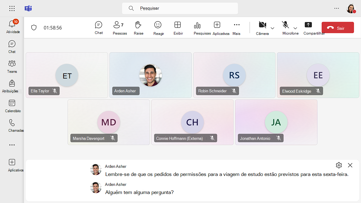 Captura de ecrã a mostrar legendas em direto numa reunião do Microsoft Teams.