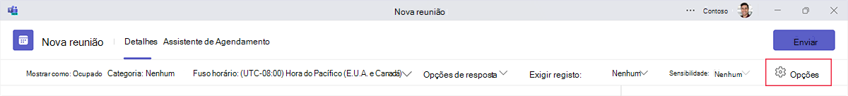 Captura de ecrã do botão Opções ao agendar uma nova reunião no Teams.