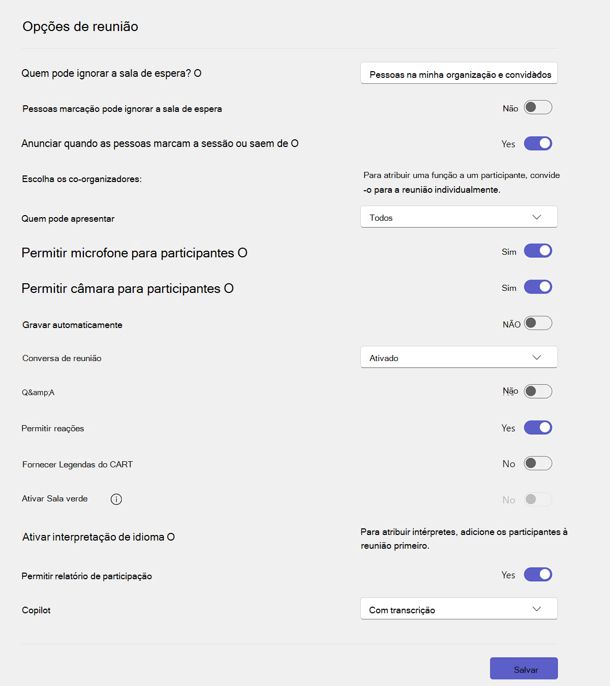 Captura de ecrã das opções de reunião que podem ser pré-configuradas após o agendamento no Outlook.