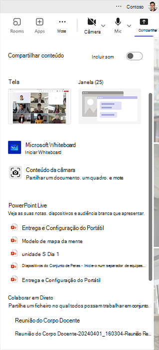 Captura de ecrã a mostrar as várias formas de partilhar e colaborar em conteúdos numa reunião do Microsoft Teams.