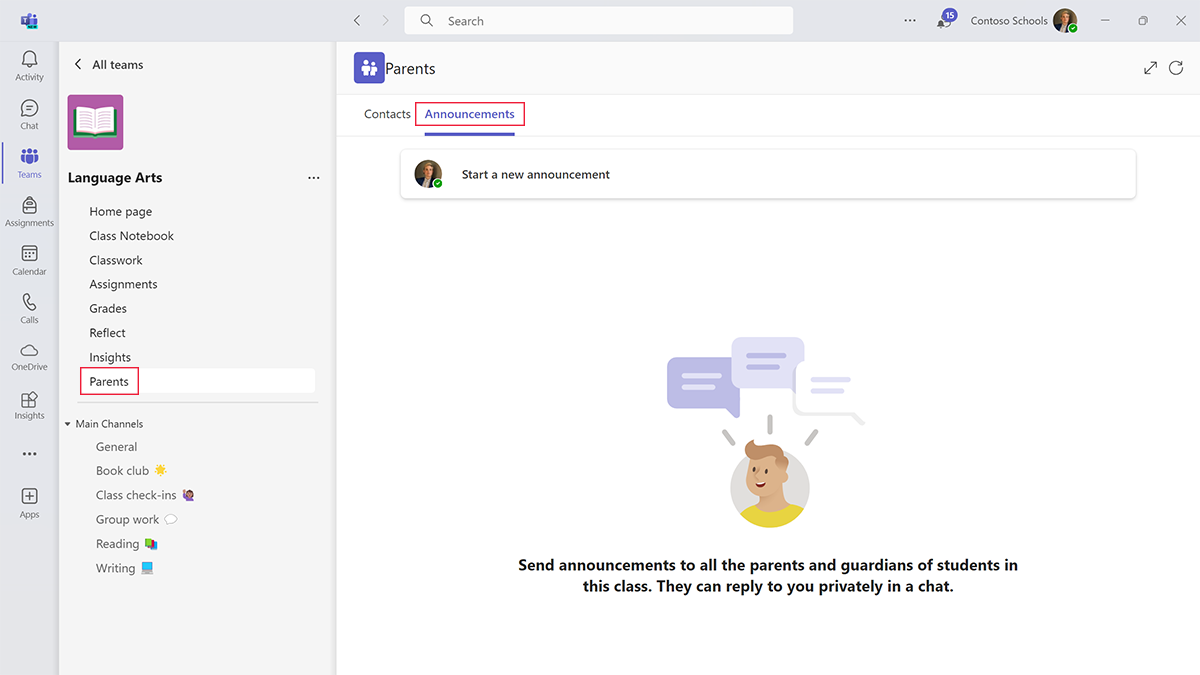 Screenshot showing how to send an announcement to guardians in the Parents app in Microsoft Teams for Education.