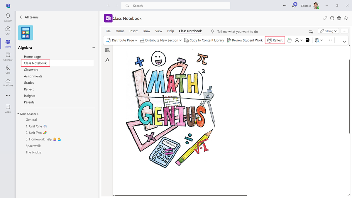 Screenshot of the Reflect icon in a Class Notebook in Microsoft Teams.