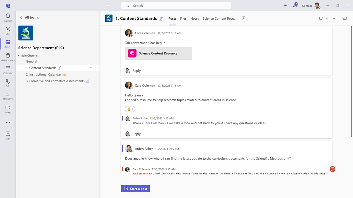 Screenshot of conversations about curriculum content standards in a PLC team channel in Microsoft Teams for Education.