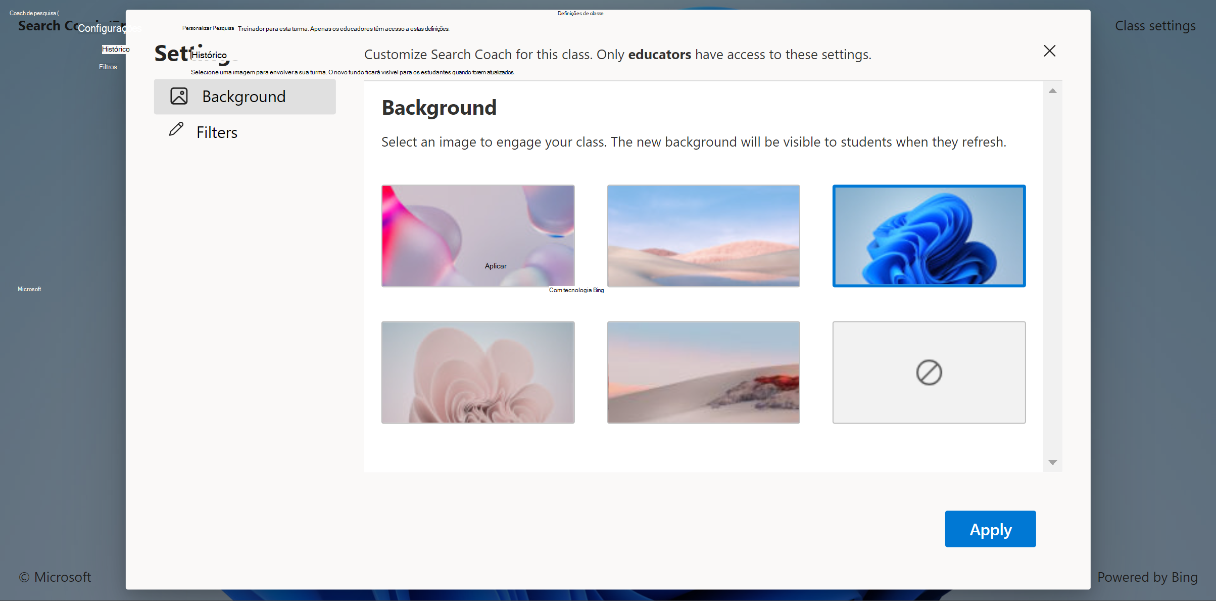 Captura de tela da imagem de plano de fundo personalizada em Configurações de classe no Coach de pesquisa.