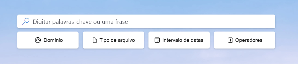 Captura de tela dos quatro modificadores de pesquisa main em Coach de pesquisa: Domínio, Tipo de arquivo, intervalo de datas e operadores.