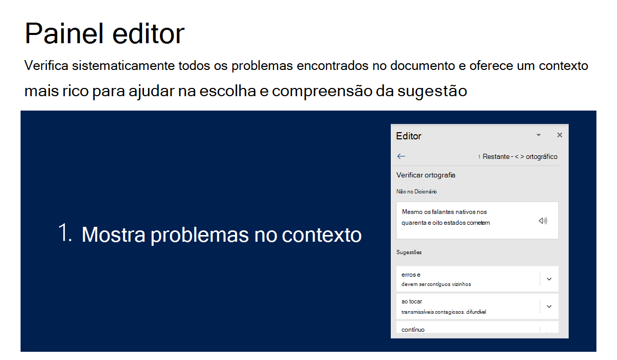 Ilustração mostrando como o painel do Editor exibe sistematicamente problemas no documento, oferece sugestões e mostra problemas no contexto a fim de ajudar na compreensão.