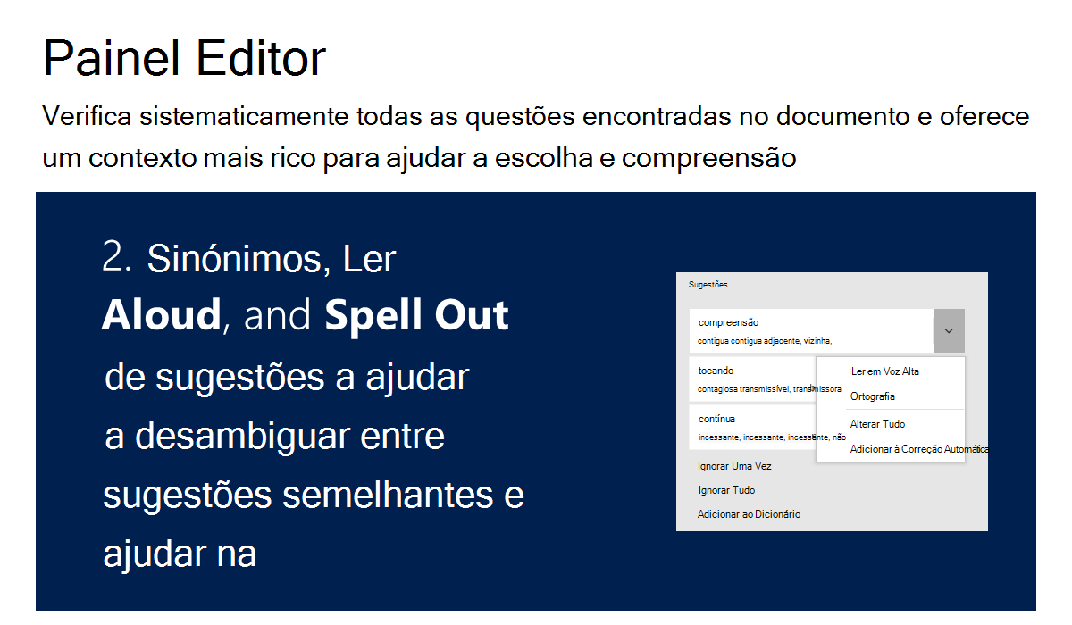 Ilustração mostrando como o painel do Editor oferece sinônimos, leitura em voz alta e soletra para esclarecer palavras semelhantes e auxiliar na compreensão.