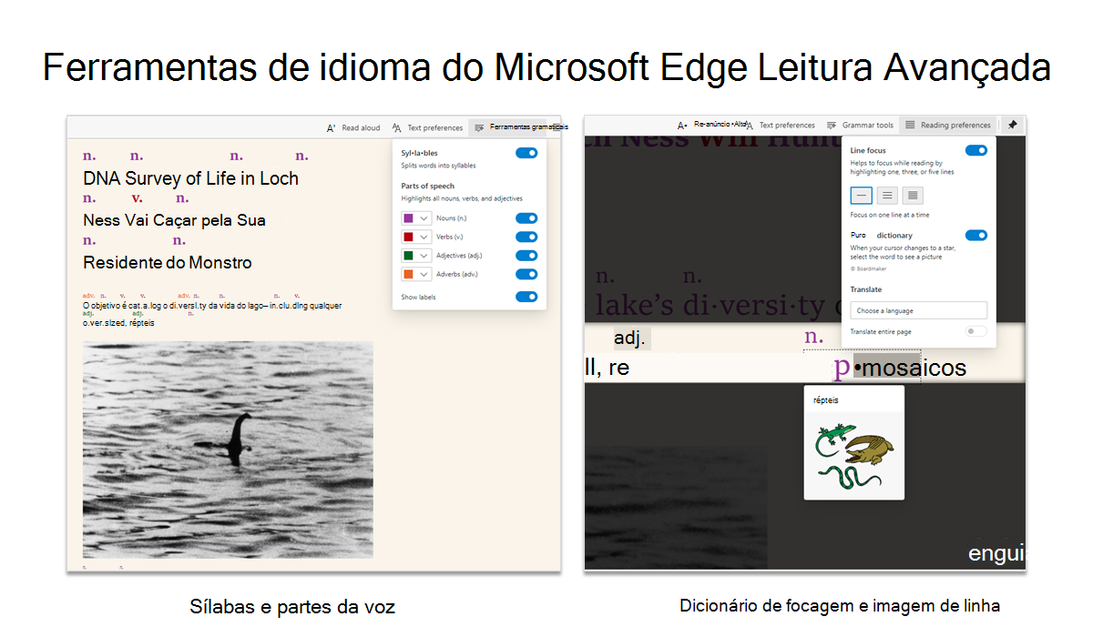 Capturas de tela mostrando as ferramentas de Idioma da Leitura Avançada do Microsoft Edge sendo usadas.