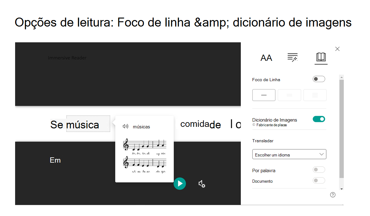 Captura de tela das opções de leitura na Leitura Avançada: foco da linha e dicionário de imagens.