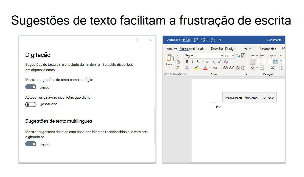 Capturas de tela de sugestões de texto que evitam a frustração dos escritores.