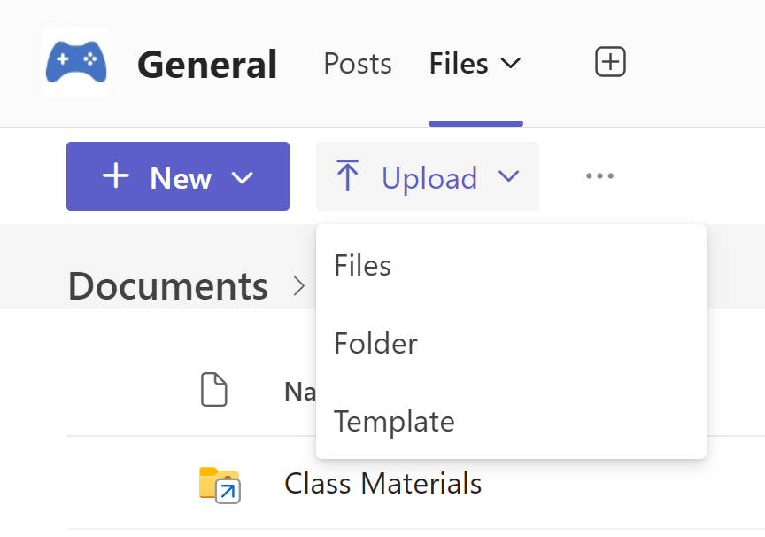 Screenshot of the types of documents that can be uploaded to the Files tab in Microsoft Teams.