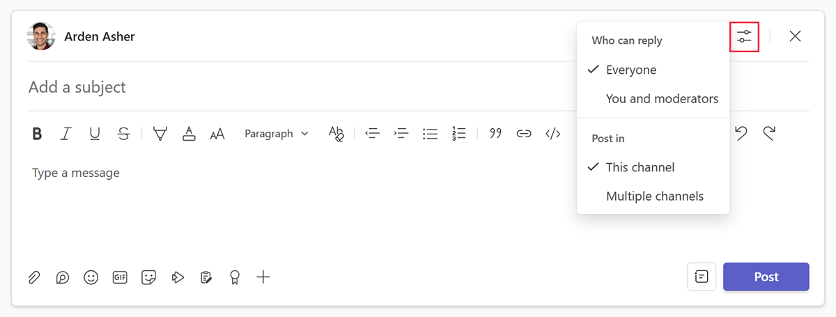 Screenshot of post settings for who can reply and option to post to multiple channels in Microsoft Teams.