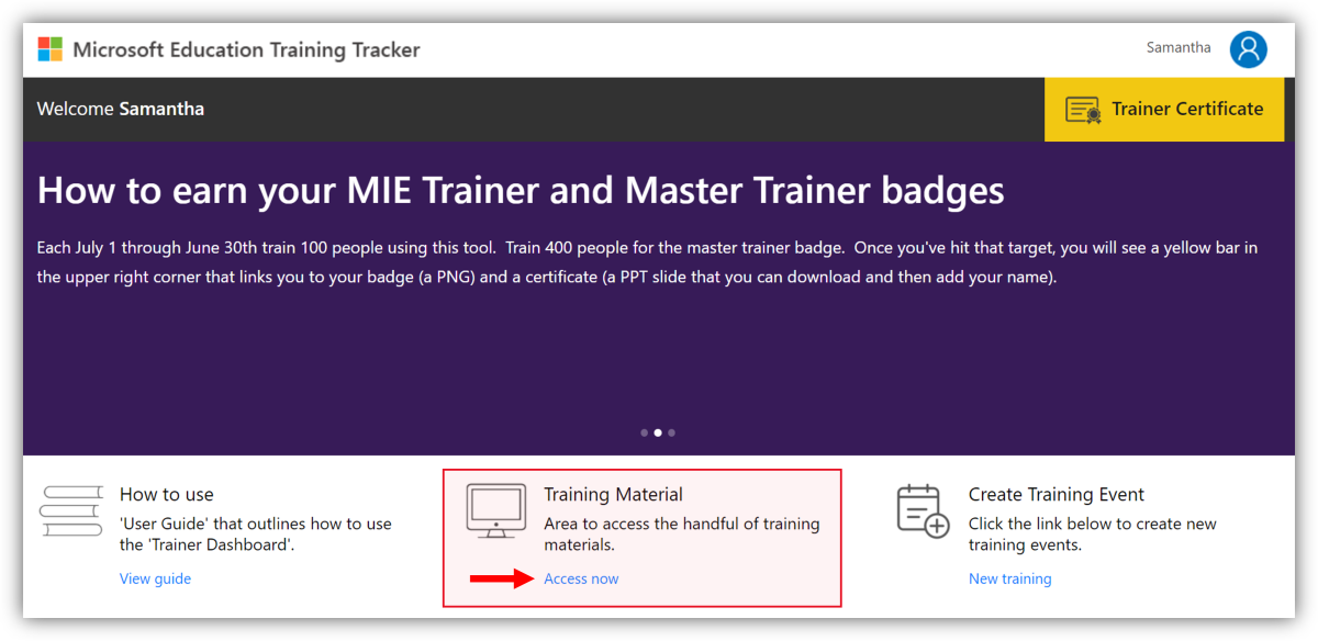 Captura de tela da página de aterrissagem do Training Tracker mostrando o link para os materiais de treinamento.