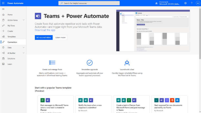 Captura de tela dos Conectores do Power Automate.