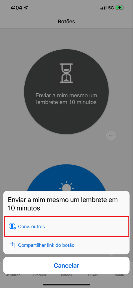 Captura de tela da guia Botões com o menu de botões mostrando opções Convidar outras pessoas e links do botão Compartilhar. Convidar outras pessoas está realçado.