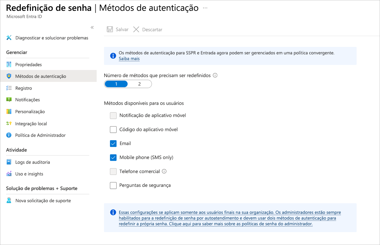 Captura de tela da opção Métodos de autenticação do painel de Redefinição de Senha selecionada, mostrando o painel com as opções de autenticação.