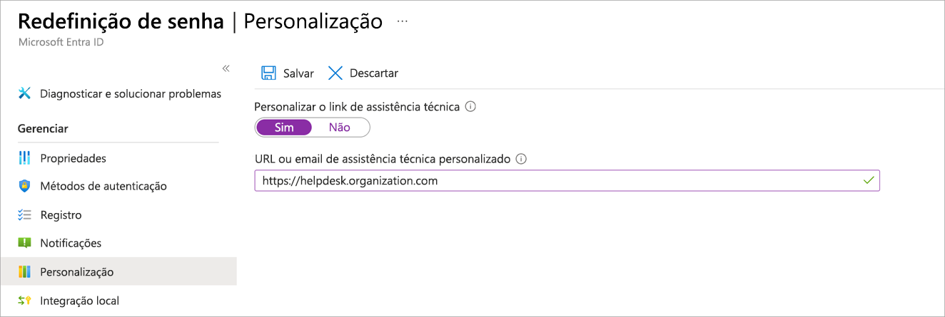 Captura de tela da opção Personalização do painel de Redefinição de Senha selecionada, mostrando o painel com as opções de assistência técnica.